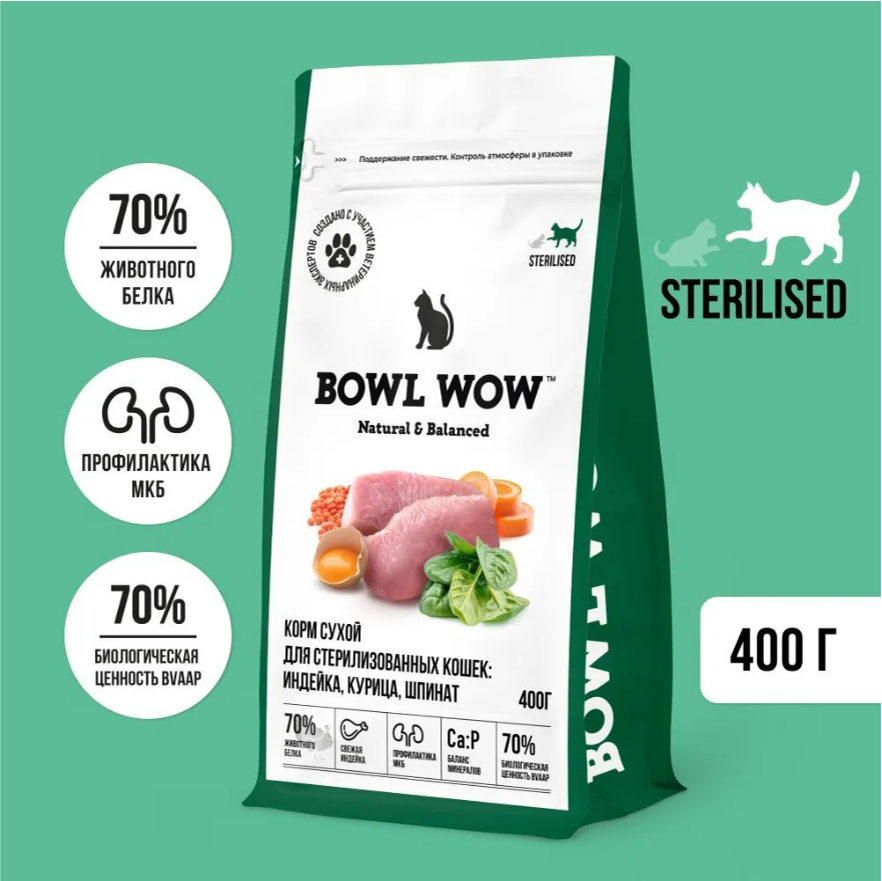 Корм BOWL WOW для стерилизованных кошек с индейкой, курицей и шпинатом