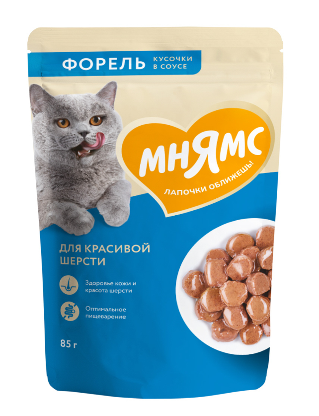 Влажный корм Мнямс Кусочки в соусе с форелью для красивой шерсти кошек 85г