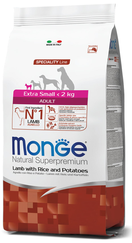 Корм сухой Monge Dog Extra Small Lamb, Rice &amp; Potatoes для взрослых собак миниатюрных пород, ягненок с рисом и картофелем