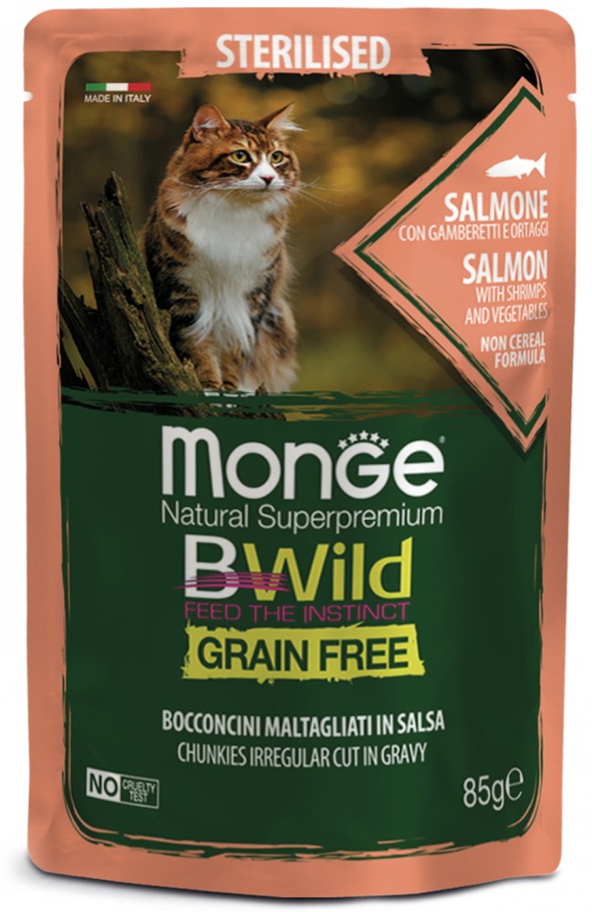 Влажный корм Monge Cat BWild GRAIN FREE паучи из лосося с креветками и овощами для стерилизованных кошек 85г