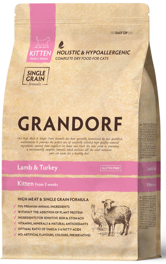 Корм сухой Grandorf Lamb & Turkey Kitten Holistic для котят с 3 недель, беременных и кормящих кошек, ягненок с индейкой