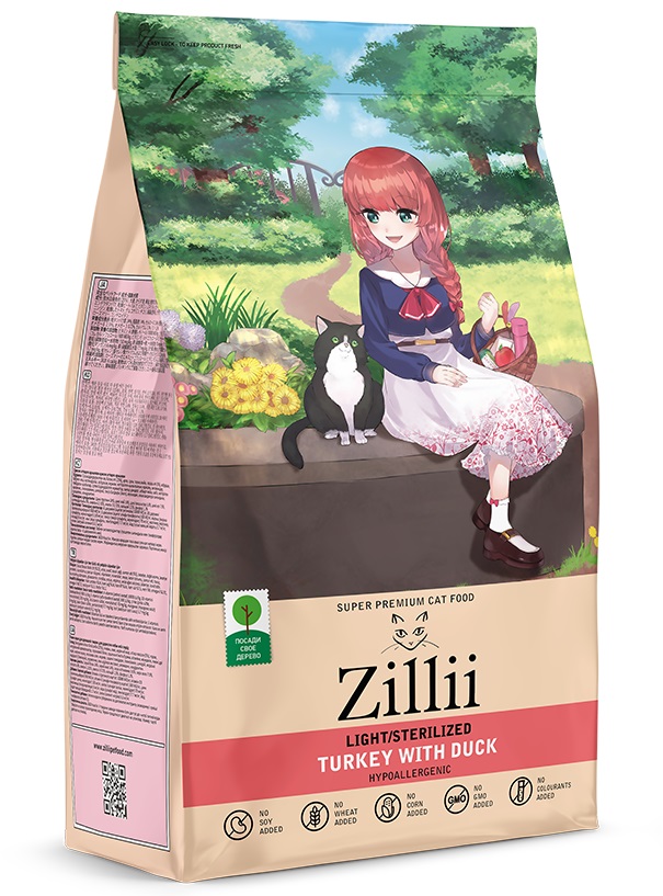 Корм ZILLII Light/Sterilized для взрослых кошек стерилизованных с Индейкой и Уткой