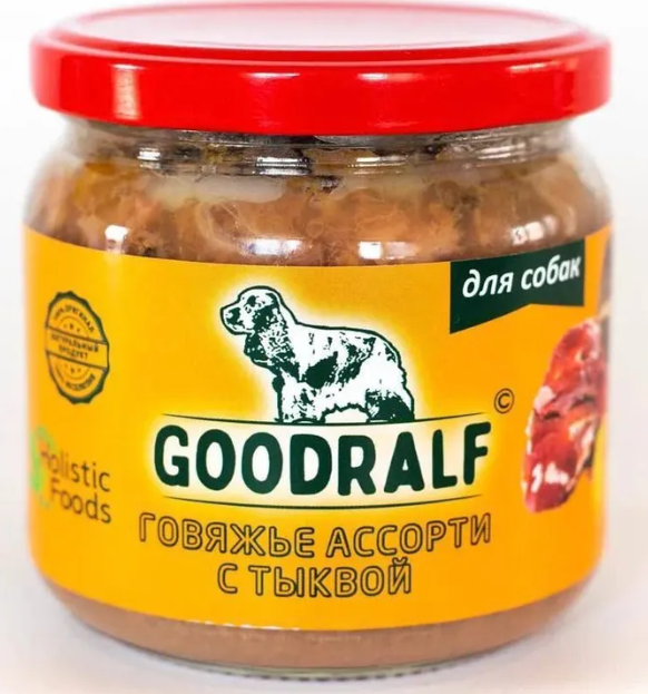 Влажный корм ПРЕМИУМ ГудРальф Говяжье Ассорти с тыквой стеклянная банка 340 гр