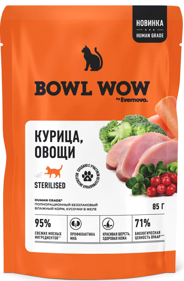 Консервы Bowl Wow курица и овощи для стерилизованных кошек 85 г: ЖЕЛЕ