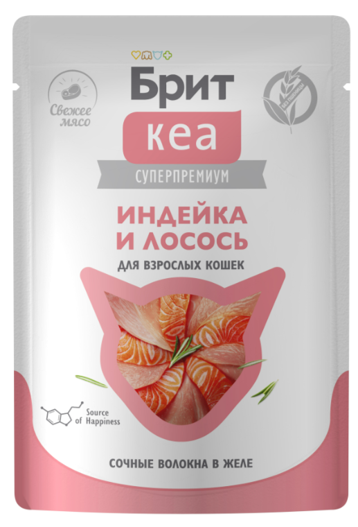 БРИТ КЕА, Пауч для взрослых кошек, Индейка и Лосось: ЖЕЛЕ 75 г