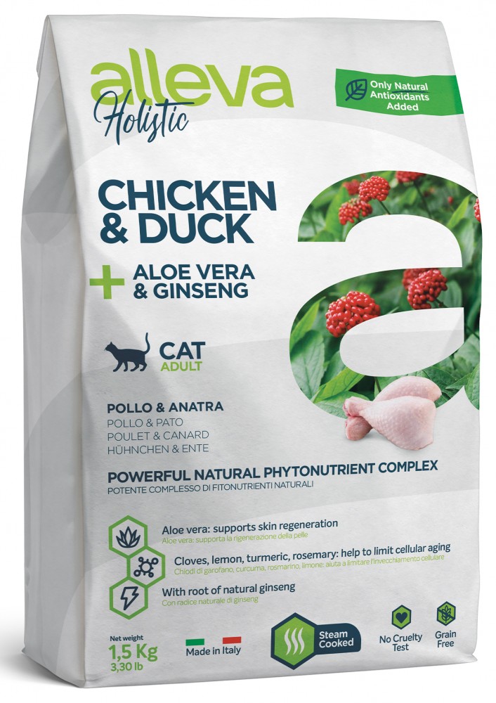 Корм Alleva Holistic Cat Adult Chicken & Duck для кошек, курица, утка, алоэ вера и женьшень