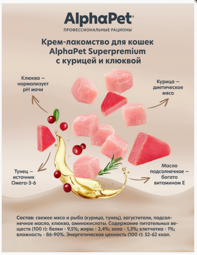Крем-лакомство AlphaPet Superpremium курица и клюква для кошек 48 г